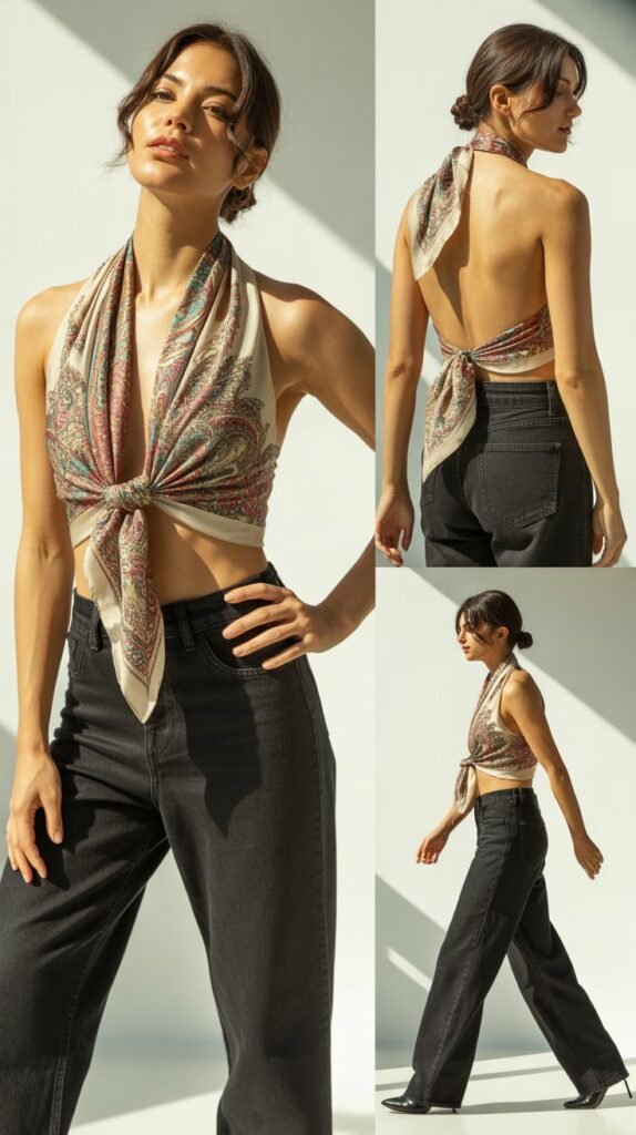  Printed Scarf as Top with High-Waisted Jeans
