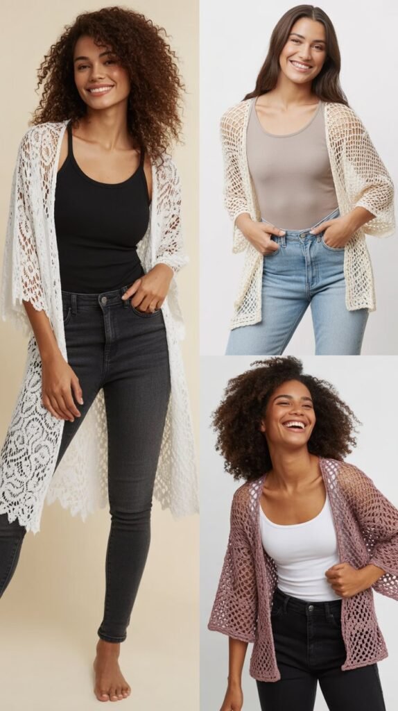 Crochet or Lace Kimono Over Simple Tank and Jeans