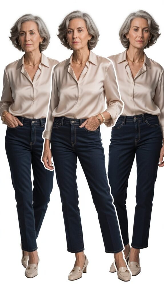 Silk Blouse with Dark Straight-Leg Jeans