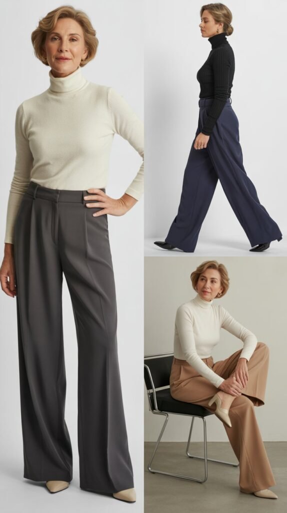 Wide-Leg Trousers with Tucked-In Turtleneck