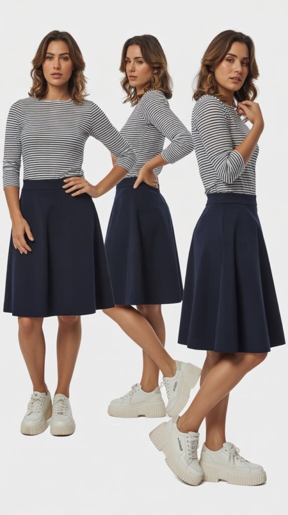 A-Line Skirt with Striped Top and Platform Sneakers