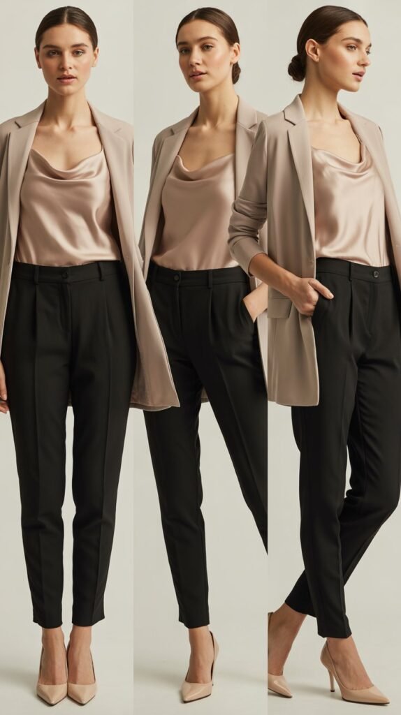 Cigarette Pants with Silk Camisole and Blazer