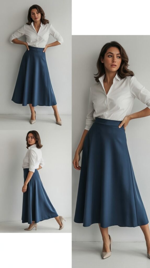 Midi Skirt with Tucked-In Blouse