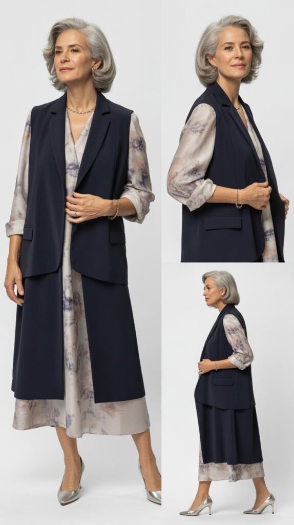 Tailored Vest over Printed Dress