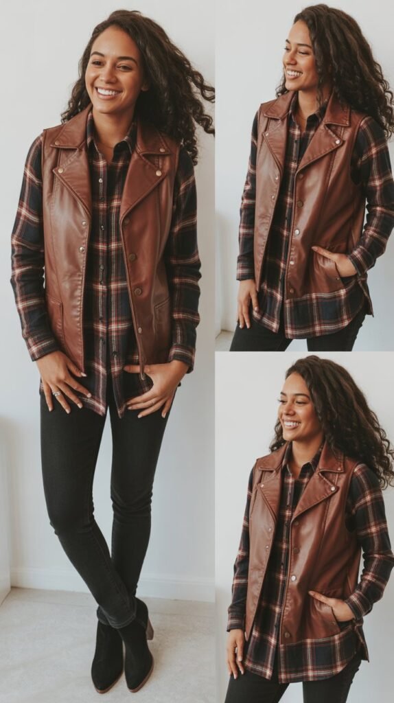 Leather Vest Over Plaid Shirt
