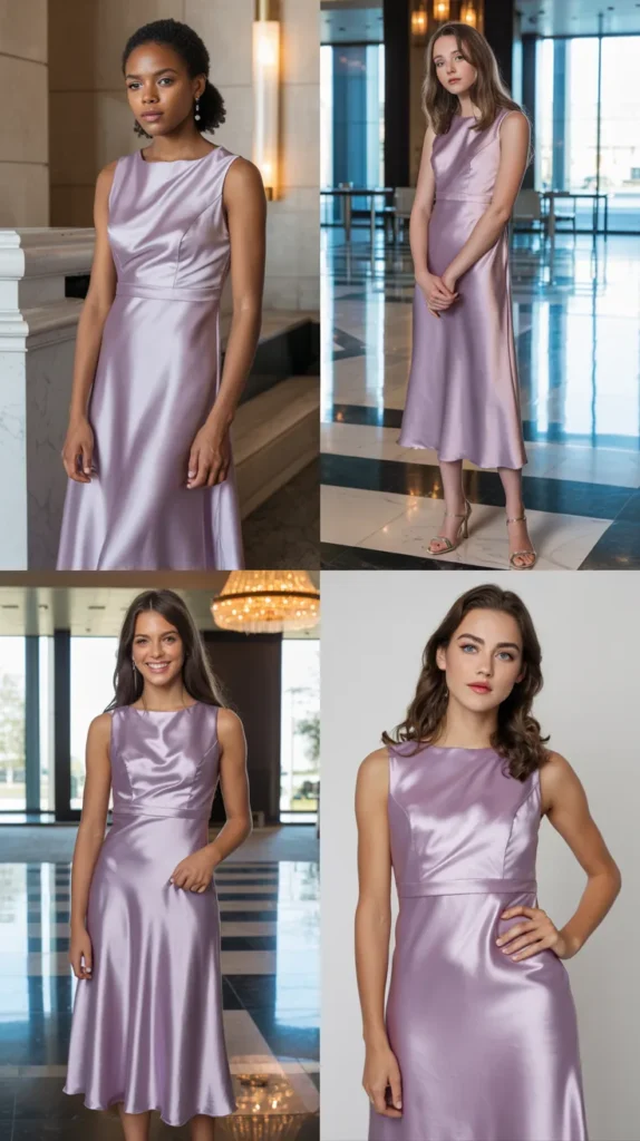 Sleeveless Lavender Satin Midi Dress