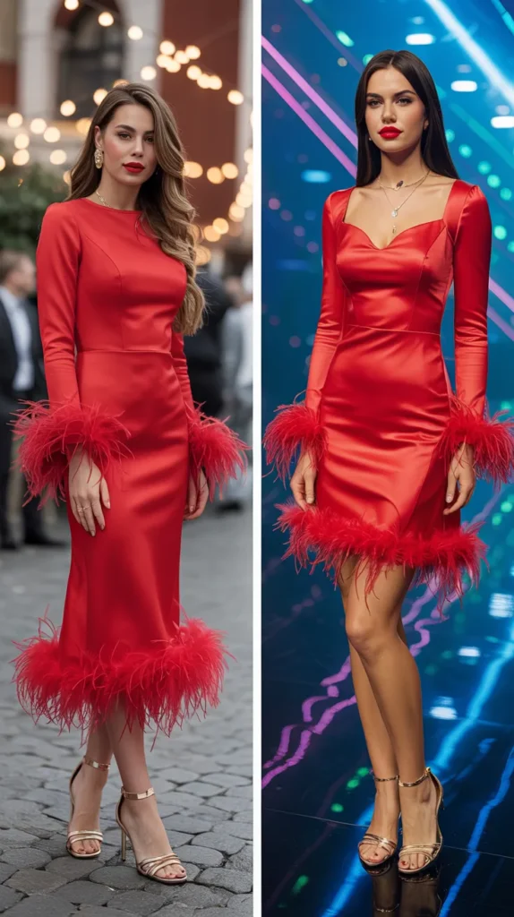  Red Feather-Trim Dress