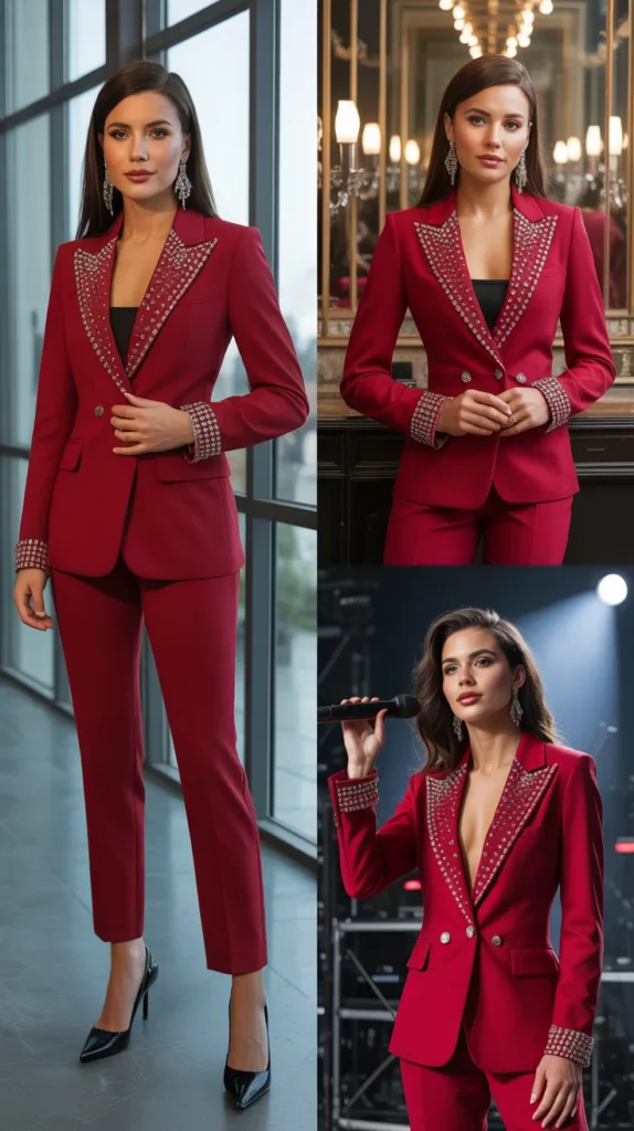 Red Power Suit with Rhinestone Details