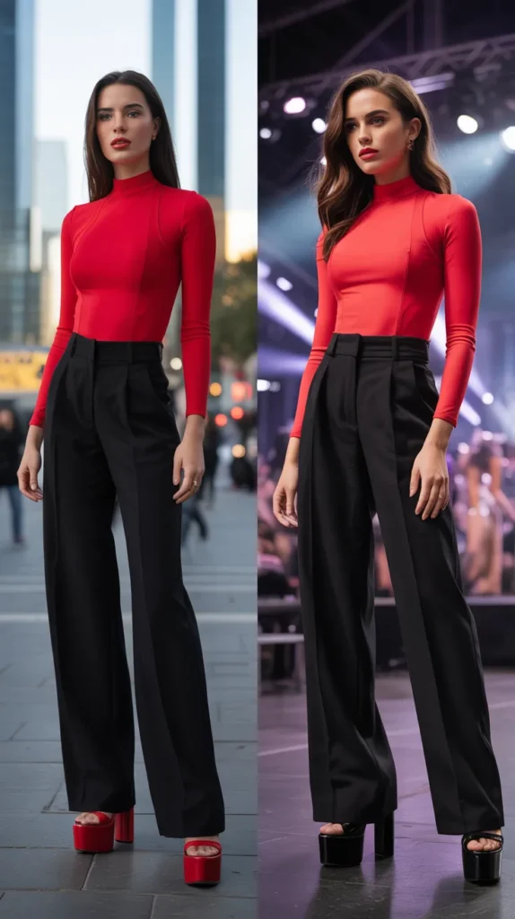  Red Bodysuit and High-Waisted Trousers