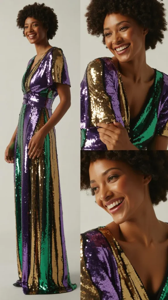  Purple, Gold & Green Sequin Gown