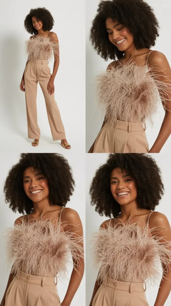 Feathered Bodysuit & High-Waist Pants