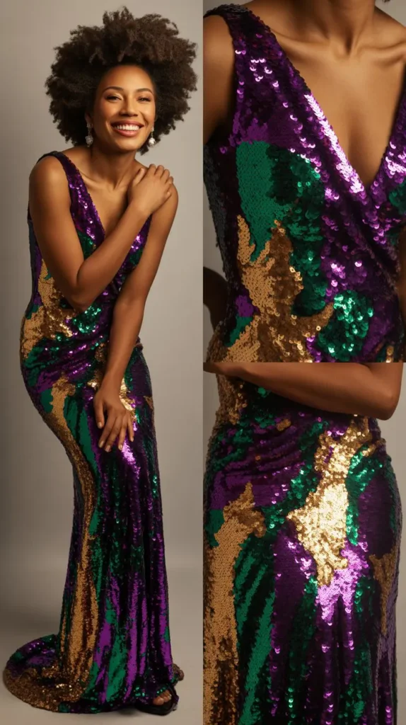 Classic Purple, Green & Gold Sequin Gown
