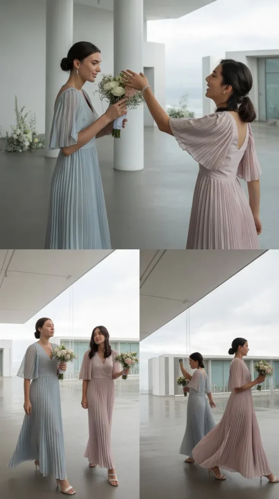 Pleated Sleeve Bridesmaid Dresses