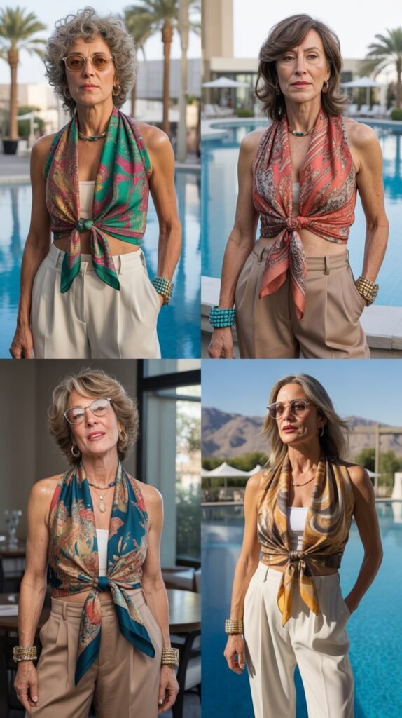  Silk Scarf As Top With High-Waisted Pants