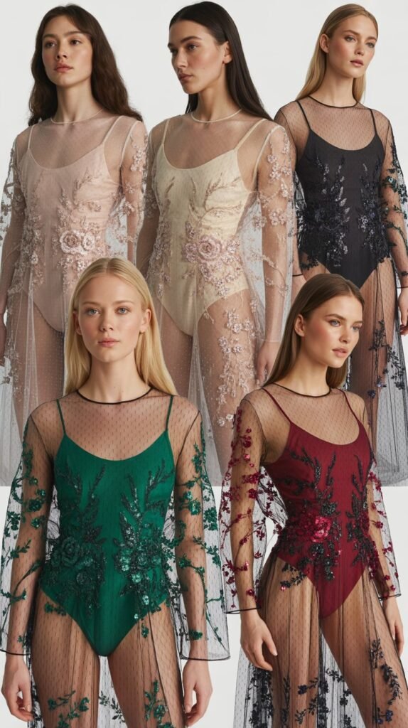 Sheer Mesh Overlay Dress With Bodysuit