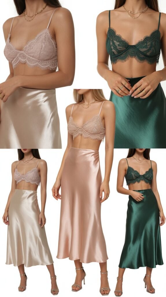 Satin Slip Skirt With Lace Bralette