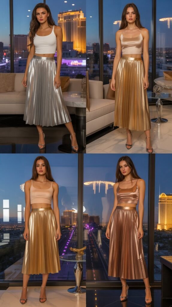 Metallic Pleated Midi Skirt With Crop Top