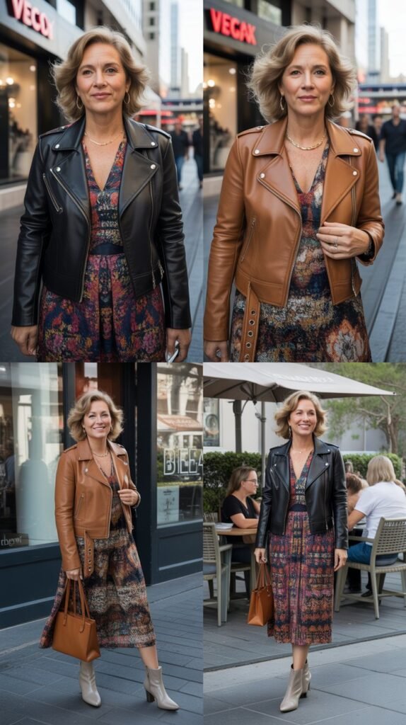 Leather Jacket Over A Printed Dress