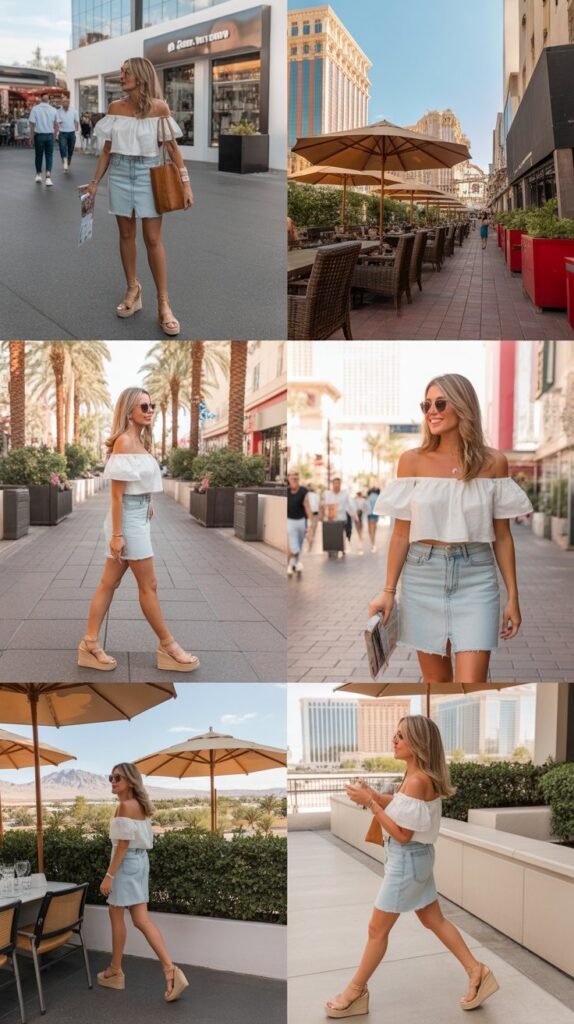  Off-Shoulder Top With Denim Skirt