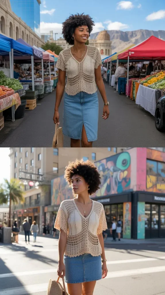 Crochet Top With Denim Skirt