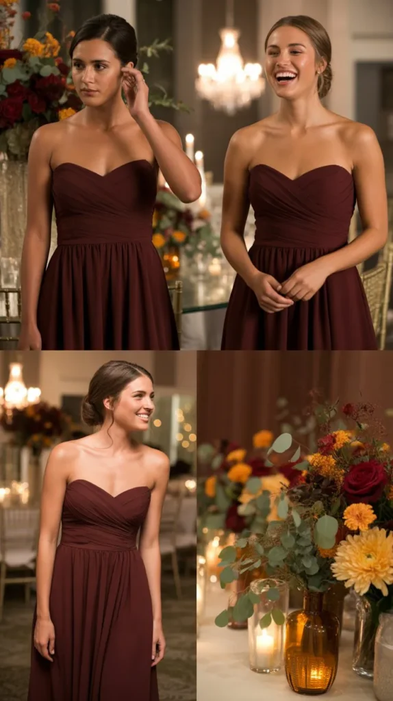 Strapless Wine Bridesmaid Gowns