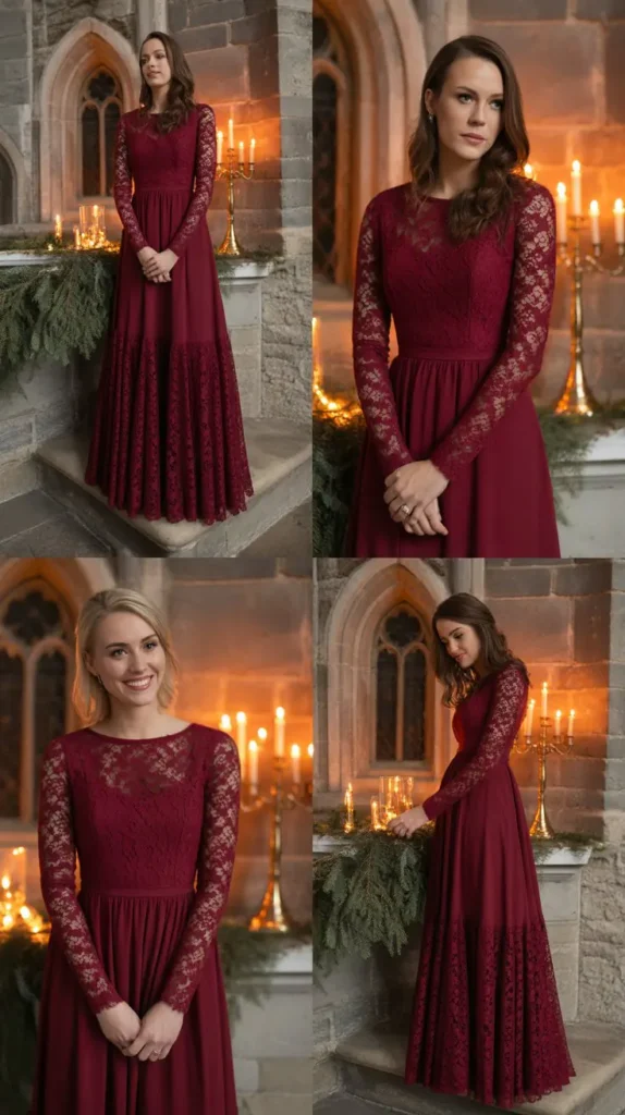 Wine Red Long-Sleeve Lace Dresses
