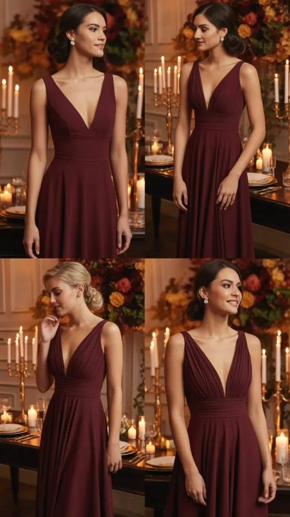 Wine Bridesmaid Dresses with Plunging Necklines