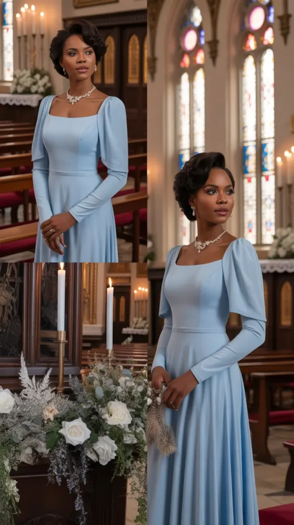 Long-Sleeve Light Blue Bridesmaid Dresses