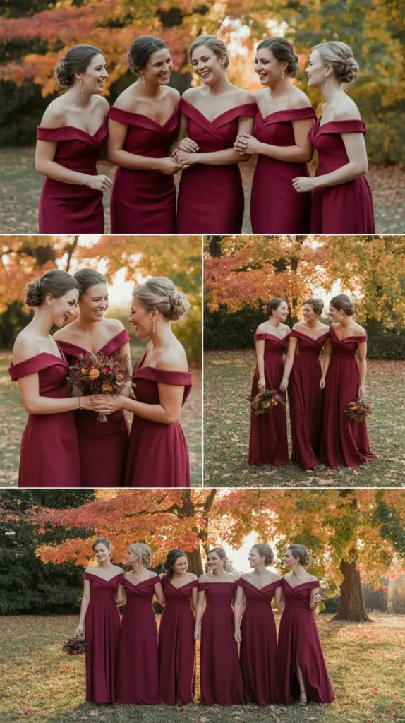 Off-the-Shoulder Wine Bridesmaid Gowns
