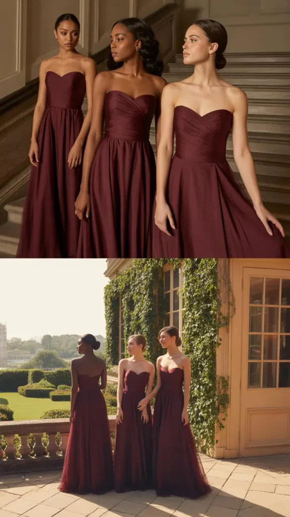 Strapless Wine Bridesmaid Dresses for Classic Bridal Party Elegance