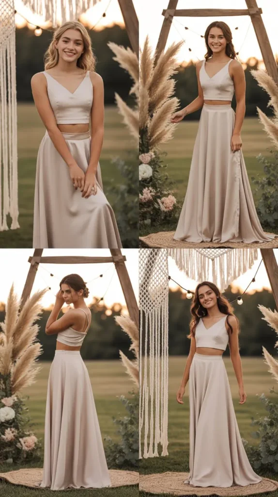 Two-Piece Champagne Crop Top and Skirt Set