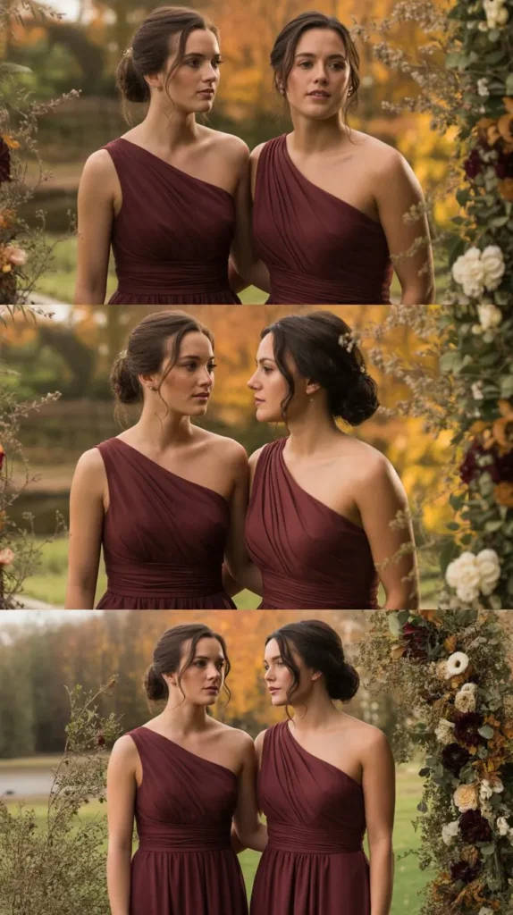 One-Shoulder Wine Bridesmaid Dresses