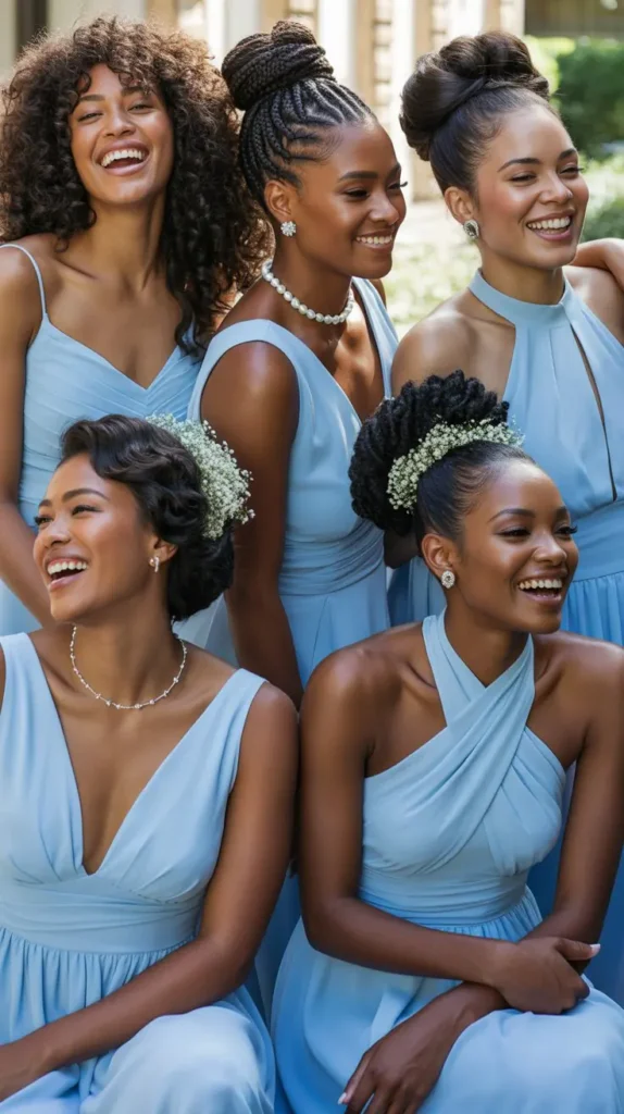 Matching Hairstyles for Black Women in Light Blue Bridesmaid Dresses
