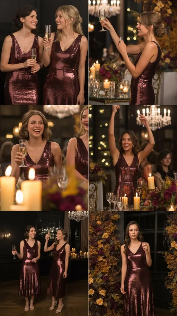 Sequin Wine Bridesmaid Dresses for Evening Fall Weddings