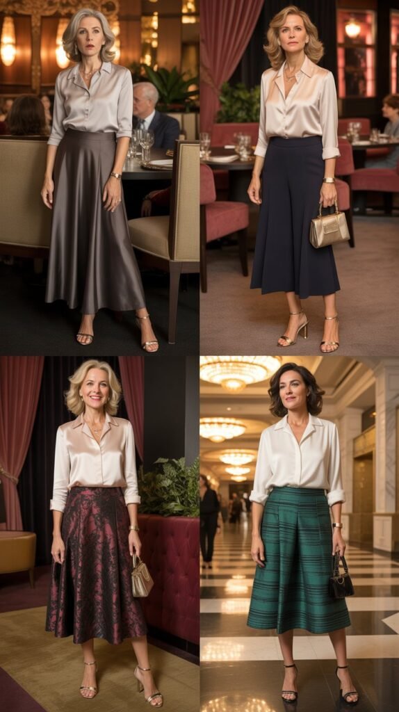 Midi Skirt With Tucked-In Silk Blouse