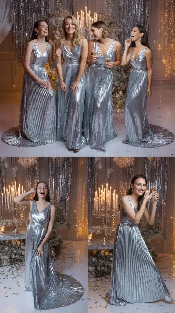 Silver Metallic Pleated Dresses