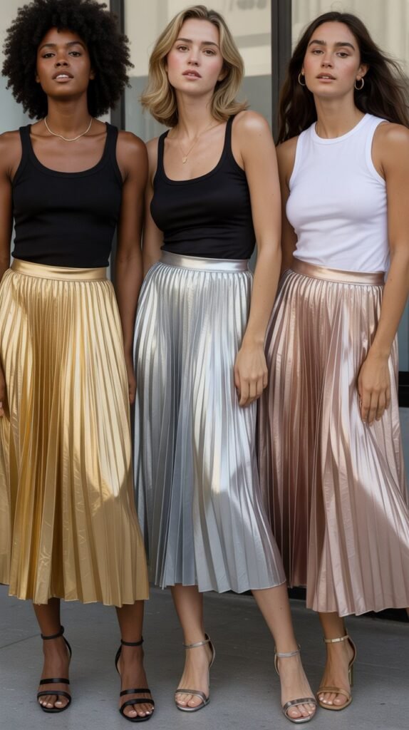 Metallic Pleated Midi Skirt With Tank Top
