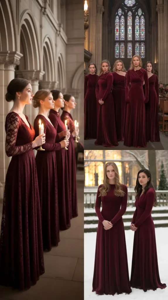 Long-Sleeve Wine Bridesmaid Dresses for an Elegant Covered Look