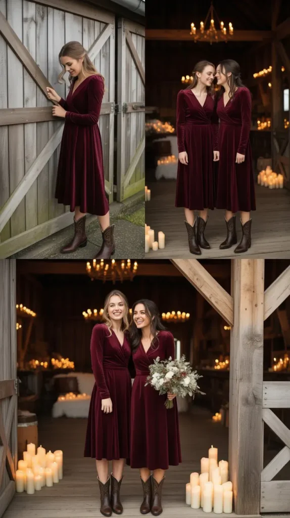 Burgundy Velvet Midi Dresses for Winter Country Weddings