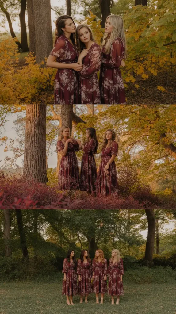 Burgundy Floral Print Midi Dresses