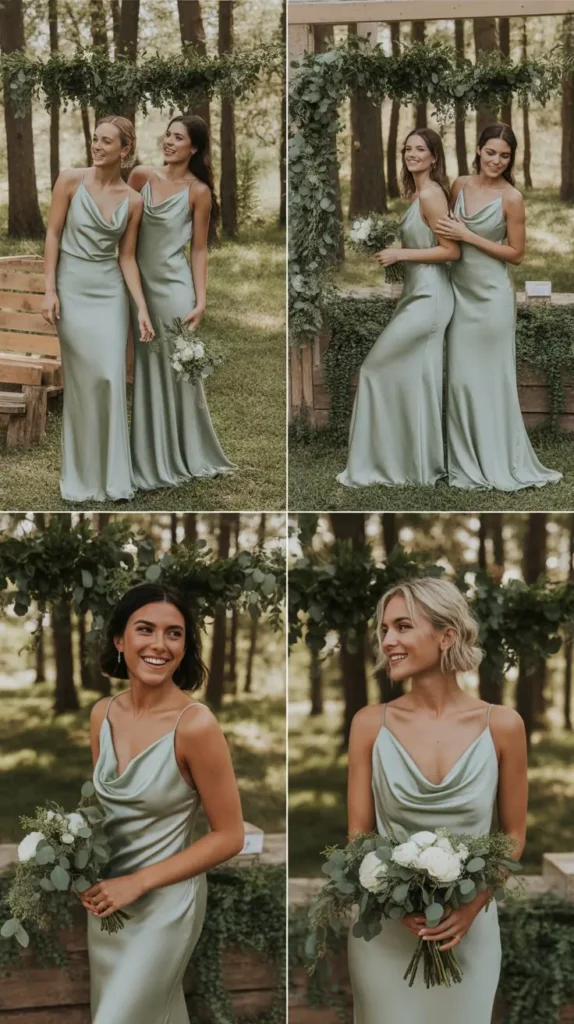 Sage Green Cowl Neck Satin Gown