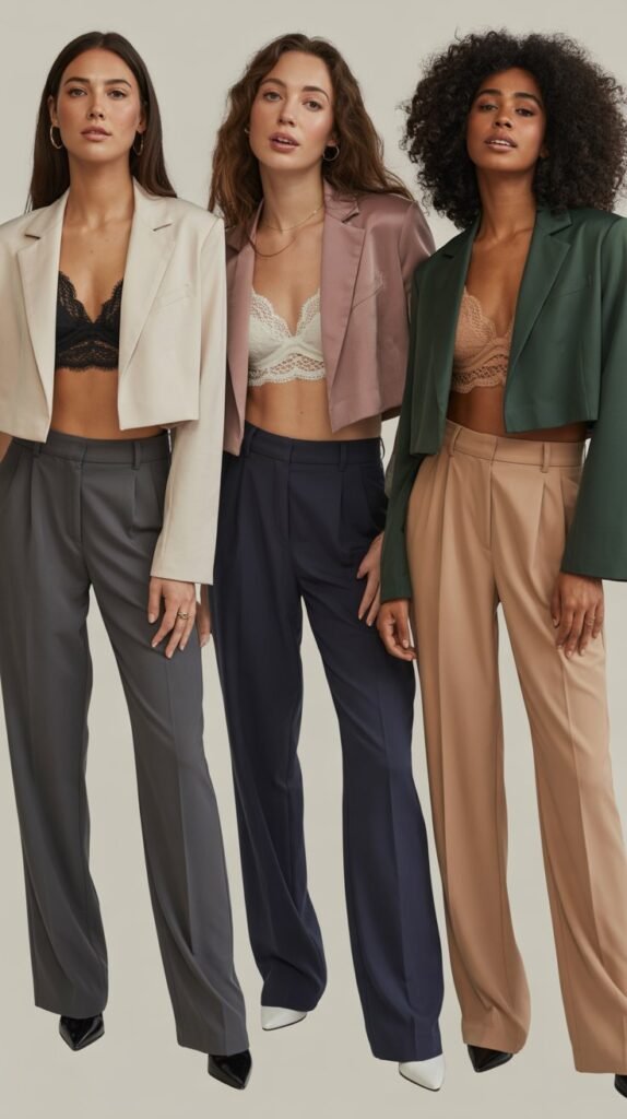 Cropped Blazer With Bralette And High-Waisted Trousers
