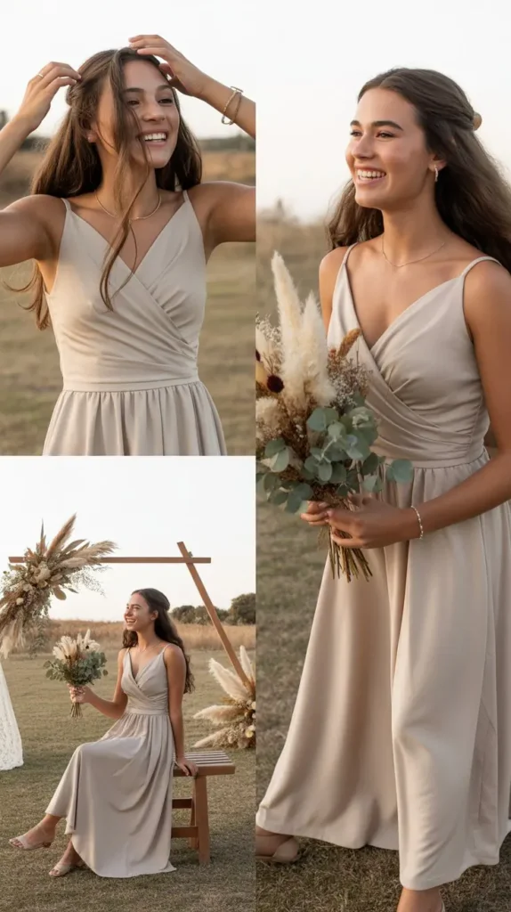 Wrap-Style Champagne Bridesmaid Dress