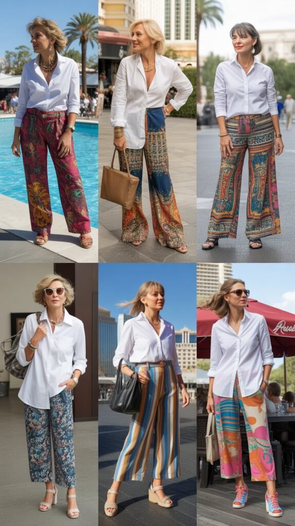  White Button-Down Shirt With Printed Palazzo Pants