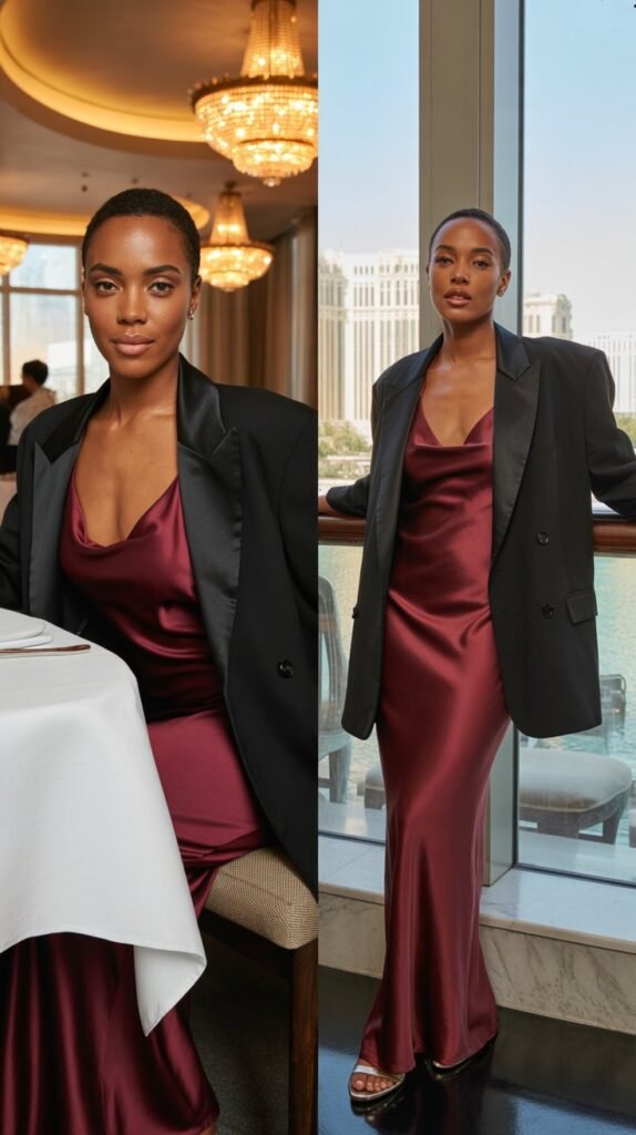 Satin Slip Dress With Blazer Layer