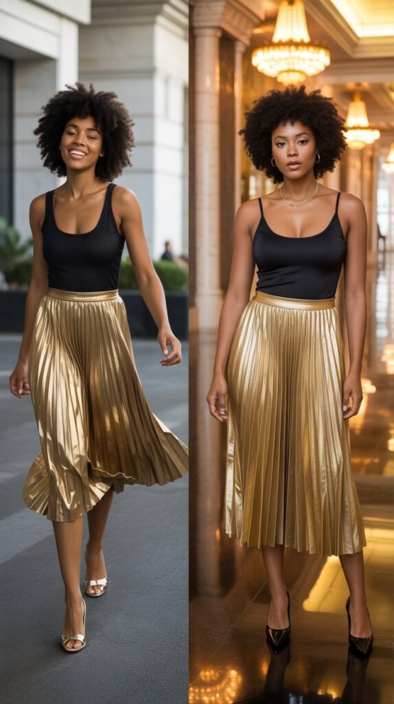 Metallic Pleated Midi Skirt With Bodysuit