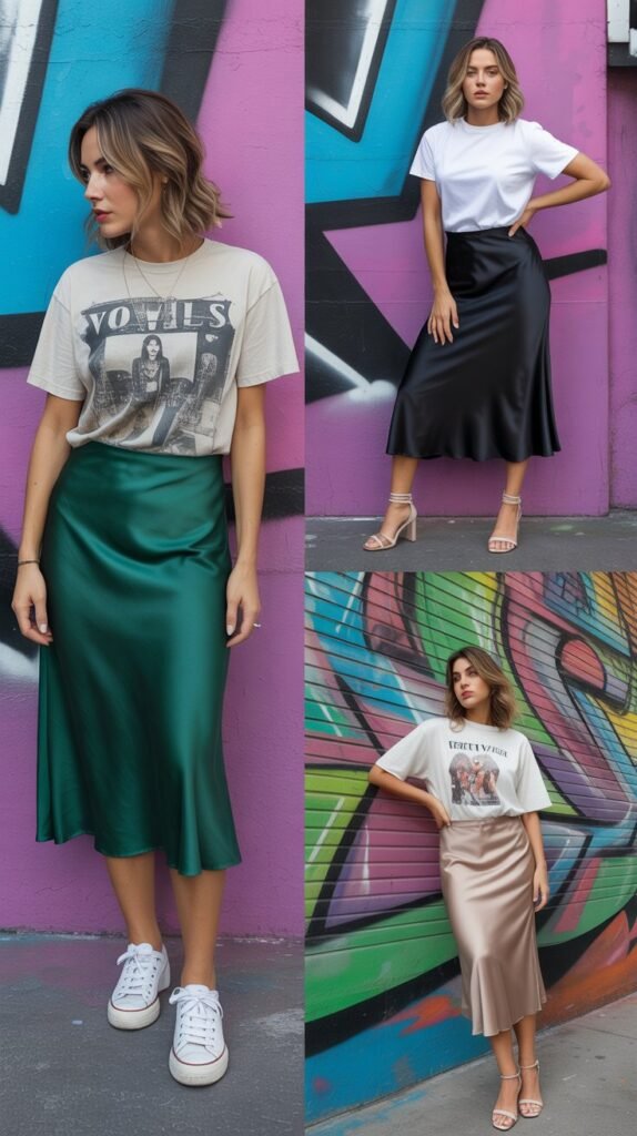 Satin Slip Skirt with Graphic Tee