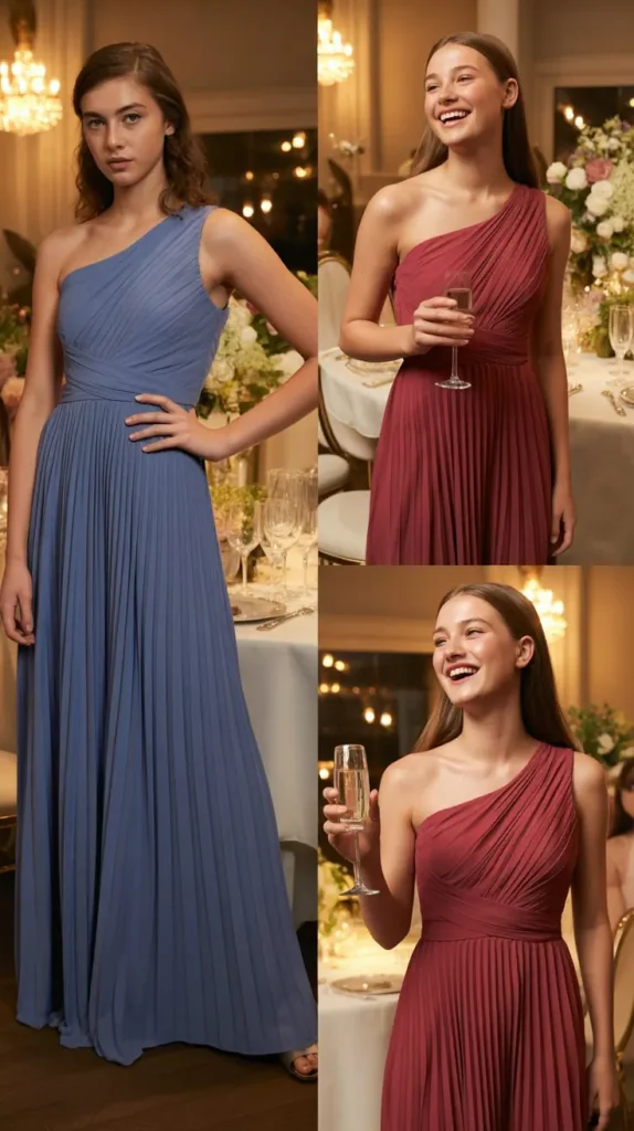 One-Shoulder Pleated Gown