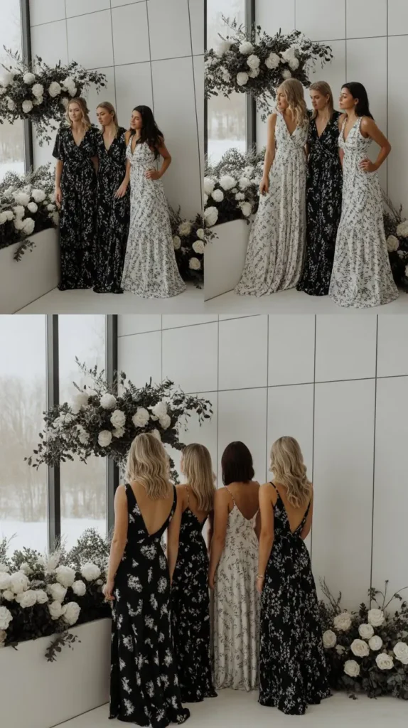 Black and White Printed Wrap Dresses