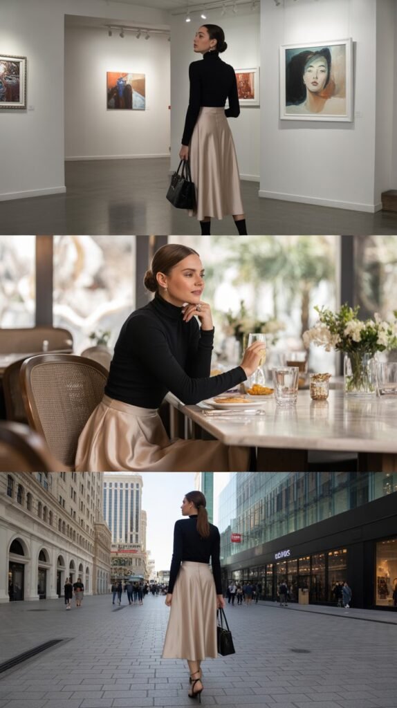 Satin Midi Skirt with Turtleneck